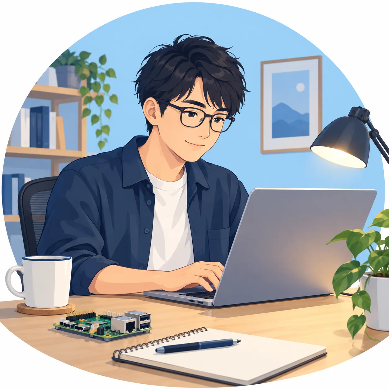 ラップトップで個人開発をするエンジニアのイラスト