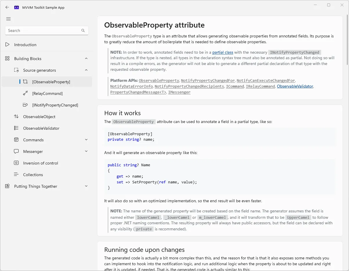 MVVM Toolkit Sample AppでObservableProperty属性の解説と生成されるプロパティのコード例を表示している画面